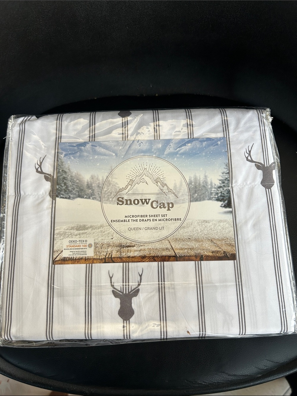 NWT 🆕 Snow Cap Microfiber Sheet Set in White, Gray Deer Stripe 4 pieces Queen